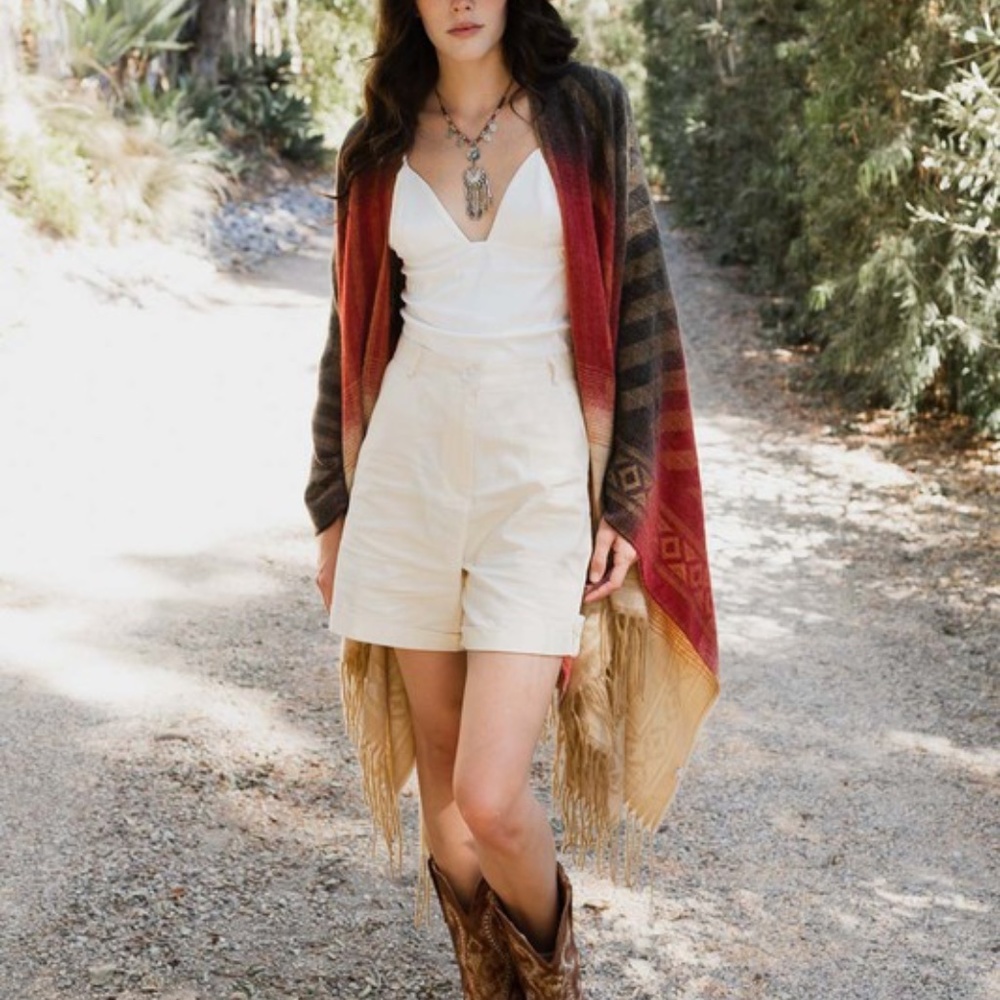Cozy Stripes Western Style Tassel Poncho Shawl - Picture 2 of 4